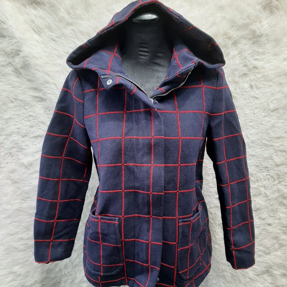 Mango MNG Casual Jacket Womens Blue Red Plaid Full Zip Hooded Coat M